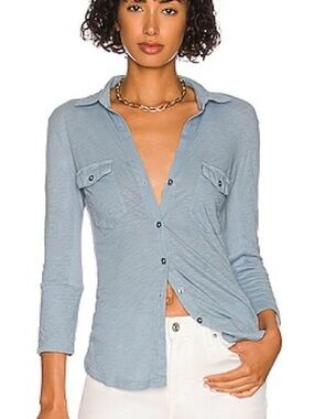 James Perse Contrast Panel Shirt, Size 4, Blue, 100% Cotton, Button Down Top